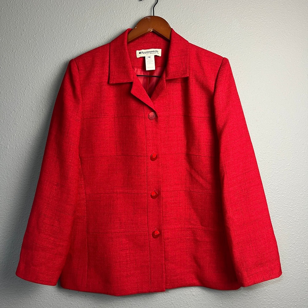 Appleseeds Red‎ Textured Blazer Sz 16 Button Front Career Business Office Jacket